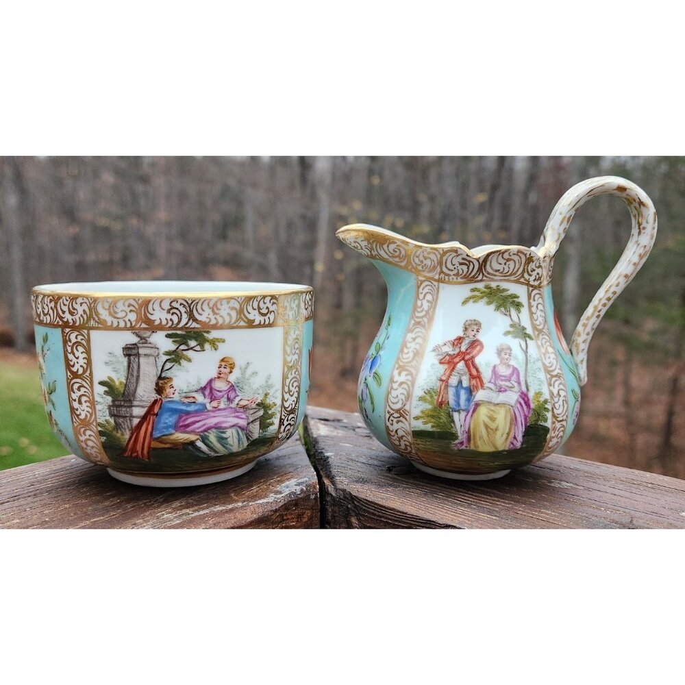 Dresden Germany Porcelain Floral Victorian Couple Sugar Bowl and Creamer Set